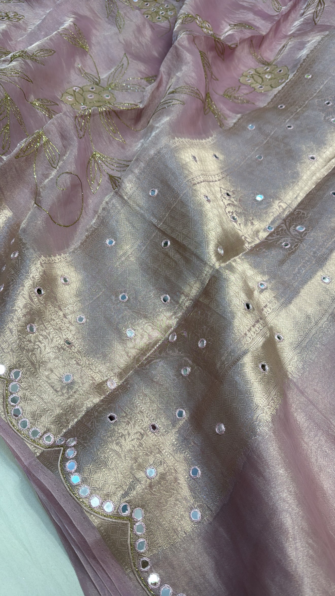 Blush pink husn tissue silk hand embroidered kadhwa saree